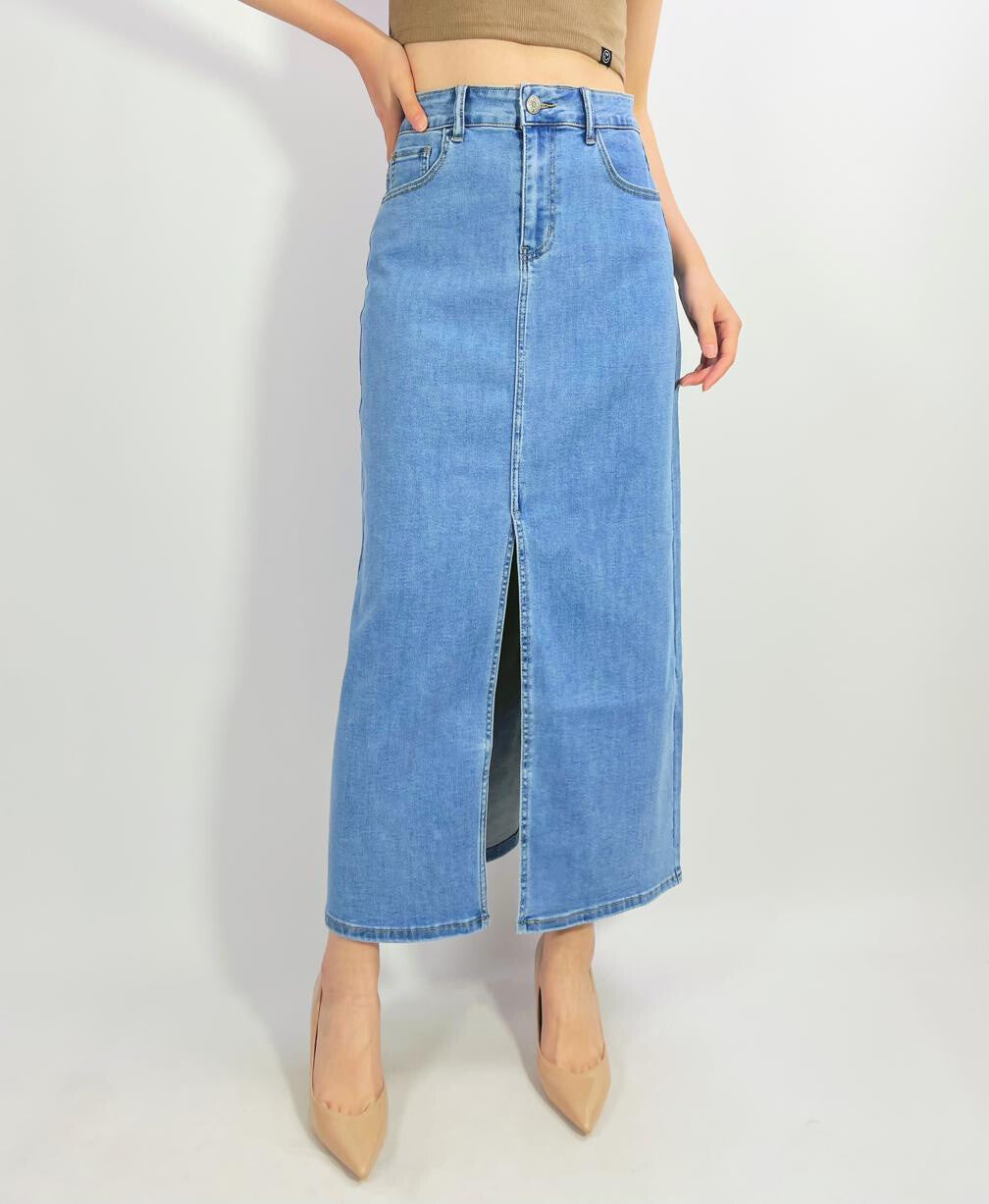 Jupe longue en jean stretch avec fente avant – Coupe moderne et confortable