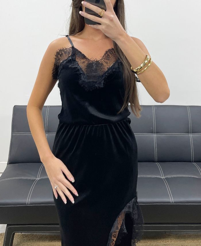 Top femme en velours à bretelles et dentelle TU